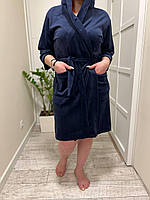 Синий Классический женский халат из Турецкого велюра , велюровый халат с поясом 52-60 (есть размеры и цвета)