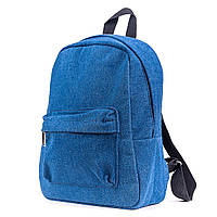 Женский джинсовый небольшой рюкзак синего цвета городской повседневный с черными ручками 0088