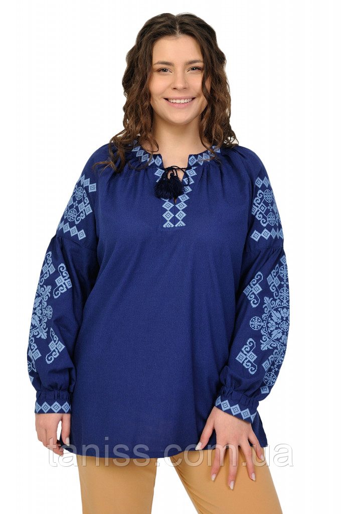 Жіноча ошатна лляна блузка — вишиванка "Івана-Купала", р. S,M, L,XL,2XL синя