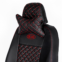 Чехлы на сиденье КИА Сид (Kia Ceed) ромбы с красной строчкой и лого