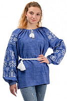 Женская нарядная блузка - вышиванка "Купава", ткань лен-габардин, р. S,M,L,XL,2XL,3XL джинс
