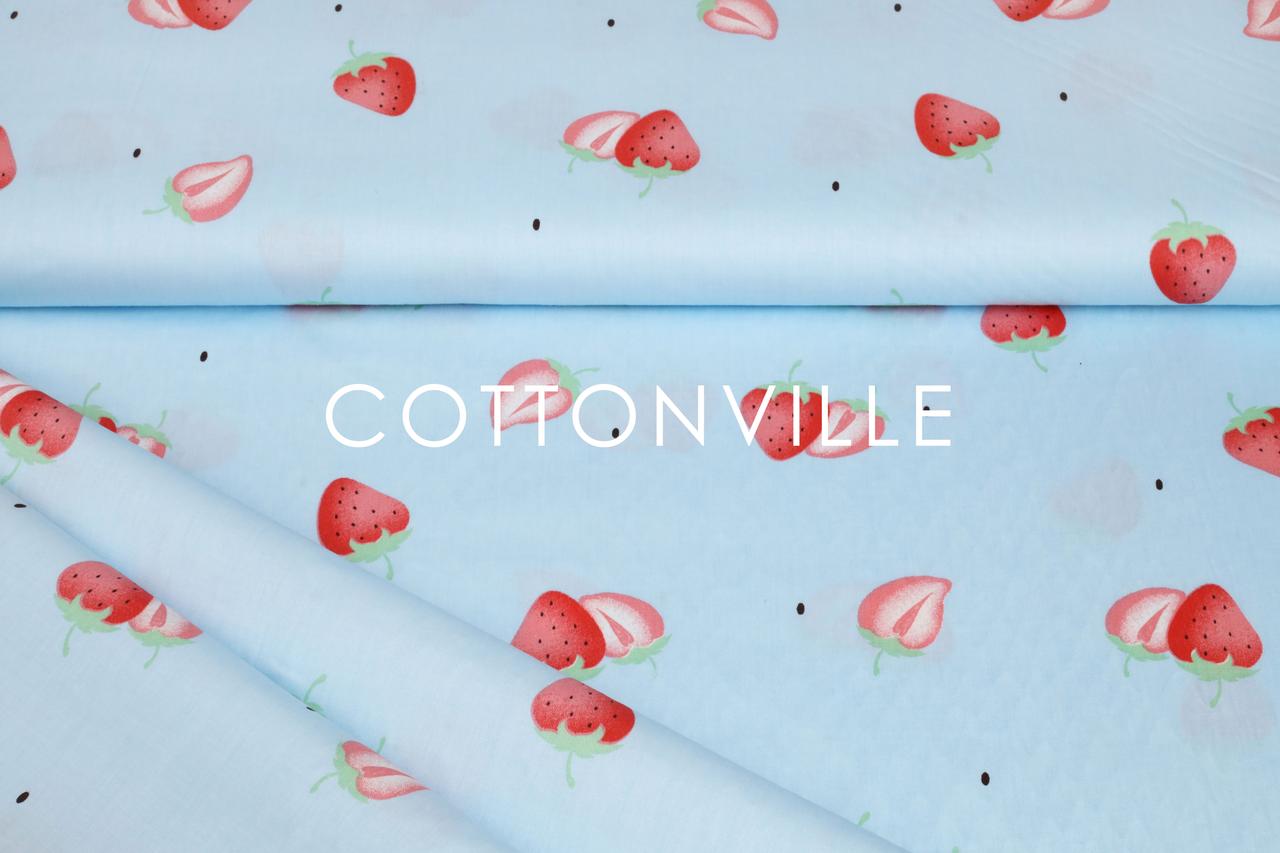 Сатин-твіл Полунички на блакитному