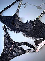 Комплект Белья со Стразами Victoria's Secret Unlined Lace Shine Strap Кружевной, Черный