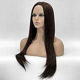 Довга красива перука без чубчика з термоволосся 160℃, німецька основа, колір шоколадний, фото 3