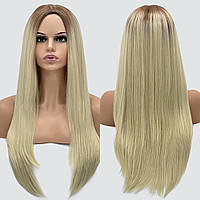 Длинный парик без челки из термоволос 160 , немецкая основа, цвет красивый блонд с темными корнями