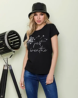 Женская футболка черная с Одуванчиком Just Breathe хлопковая базовая M
