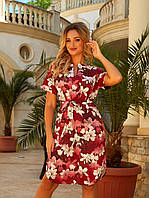 Красивое летнее платье женское с коротким рукавом цветы бордовое платье на лето с поясом из ткани софт
