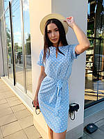 Красивое летнее платье женское с коротким рукавом в горох голубое платье на лето с поясом из ткани софт