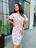 Красивое летнее платье женское с коротким рукавом цветы светло-розовое платье на лето с поясом из ткани софт