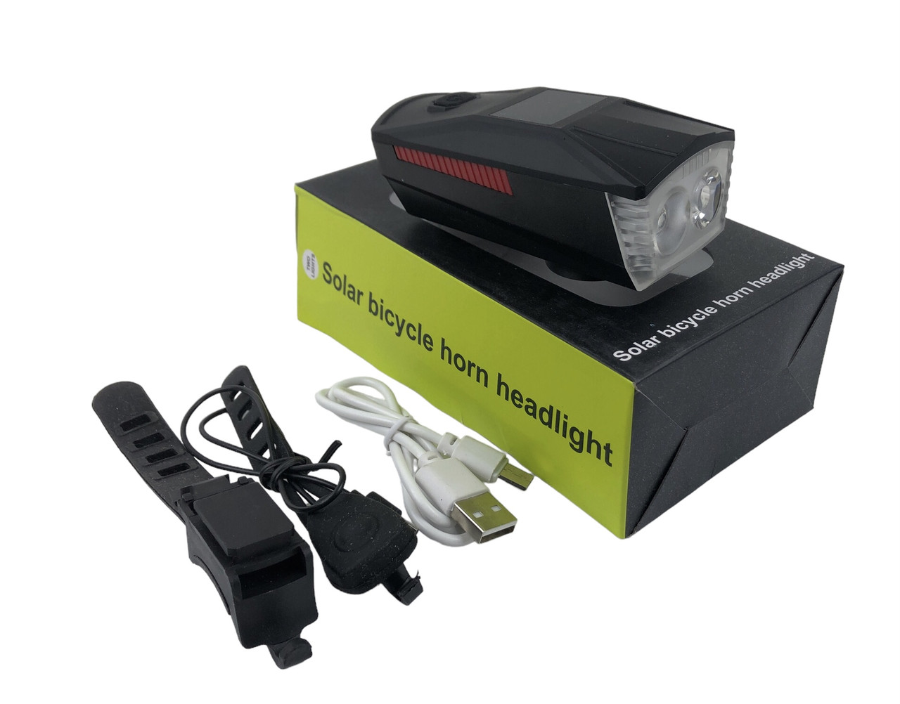 Ліхтар для велосипеда + сигнал + сонячна зарядка USB з акумулятором DEN-087