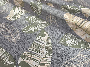 Декоративні тканини бежевого листя на сірий фон 180см тефлон 88458v9