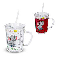 Набор детских стаканов с ручкой, крышкой и соломинкой Слон, 2шт, 400 мл, стекло/ABS/силикон
