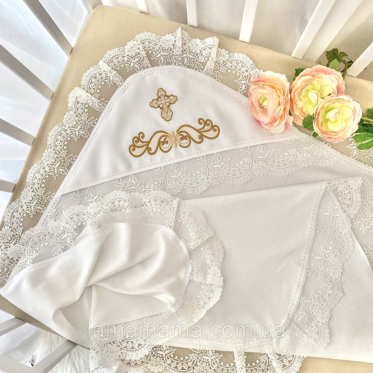 Крижма трикотажна для хрещення "Світлинка" Інтерлок Молочний/Золото 75х100 см BetiS, фото 1