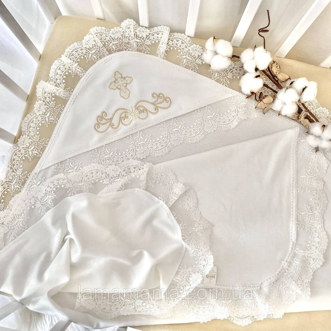 Крижма трикотажна для хрещення "Світлинка" Інтерлок Молочний/Беж 75х100 см BetiS, фото 1