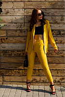 Костюм жіночий брючний стильний молодіжний літній жовтий з американського крепу, висока посадка