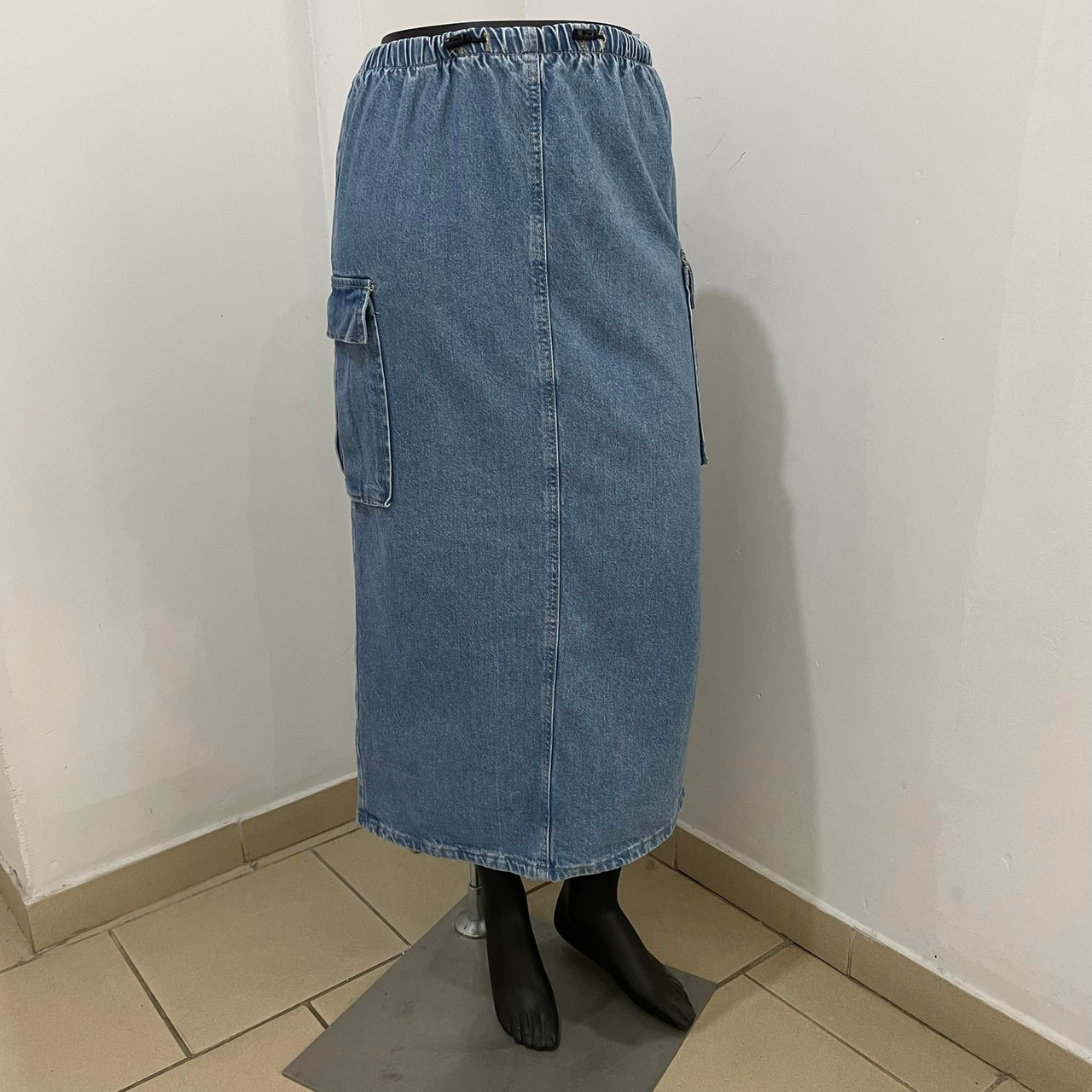 Спідниця джинсова на гумці карго кишені міді розріз 36 синя, фото 1