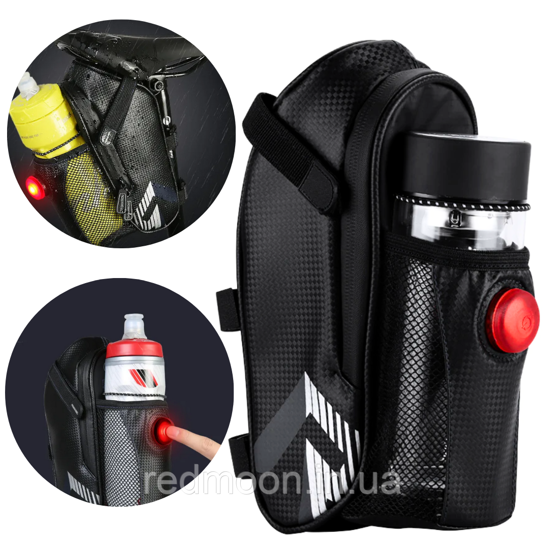 Велосумка під сідло 3в1 водостійка / Підсидільна сумка на велосипед з кишенею для фляги та мигалкою, фото 1