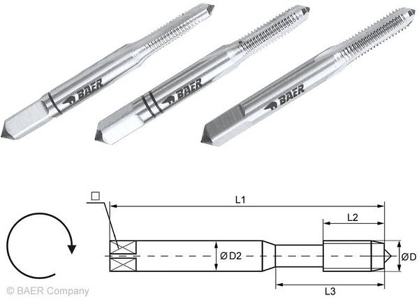 Мітчик ручний   HSSG  (3 шт.) M 6 x 1,0  BAER  (Німеччина), фото 2