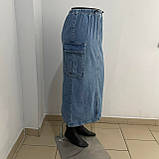 Спідниця джинсова на гумці карго кишені міді розріз 36 синя, фото 4