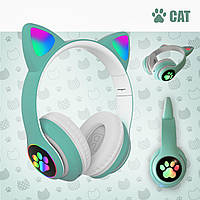 Беспроводные наушники с кошачьими Ушками Bluetooth Cat STN-23 с микрофоном, AUX, LED подсветка зеленый Green