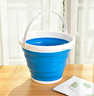 Складное силиконовое ведро с ручкой на 5л Collapsible Bucket голубое компактное