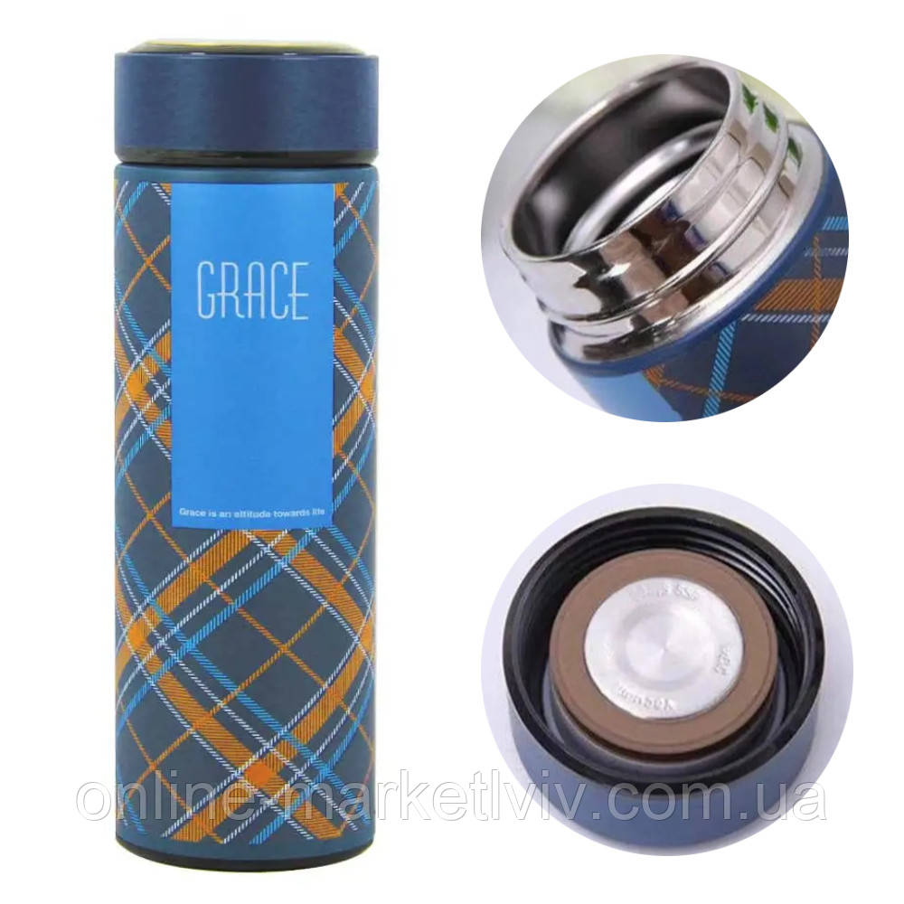 Термос 450мл з металевою колбою Grace EL-X500, Синій / Термос із нержавіючої сталі / Термо пляшка, фото 1
