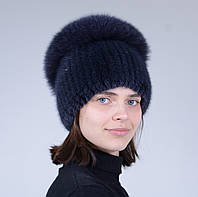 Норкова шапка жіноча хутряна на плетеній основі "Водоспад" Синій
