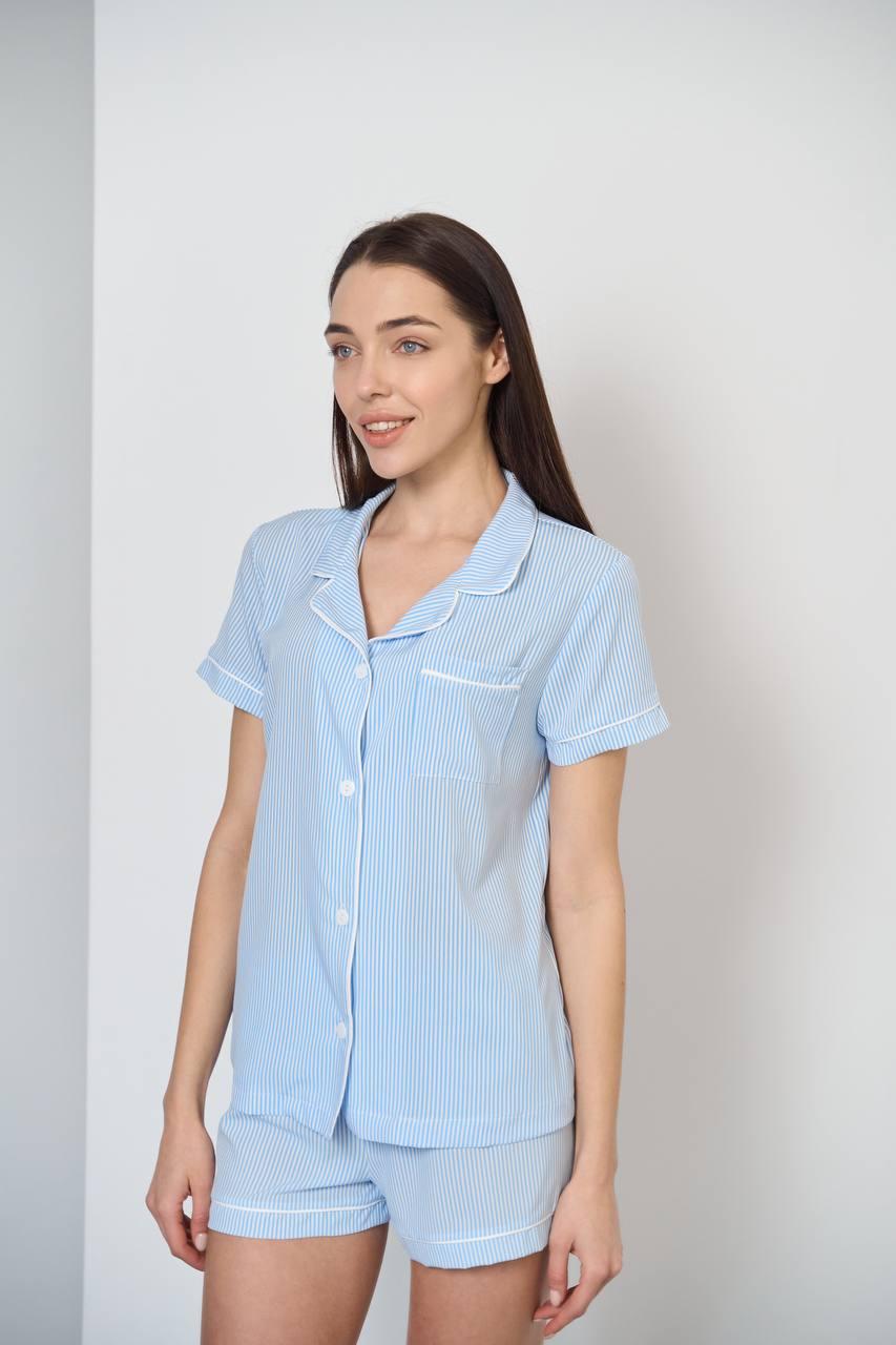 Піжама жіноча рубашка та шорти СОФТ блакитна смужка, фото 1