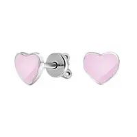 Серебряные серьги-пусеты с розовой эмалью Сердце 925 проба