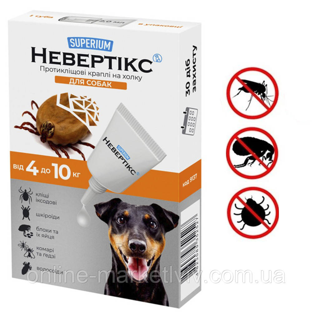 Краплі протикліщові на холку для собак, Суперіум Невертікс, 4-10 кг / Засіб від ектопаразитів собак, фото 1