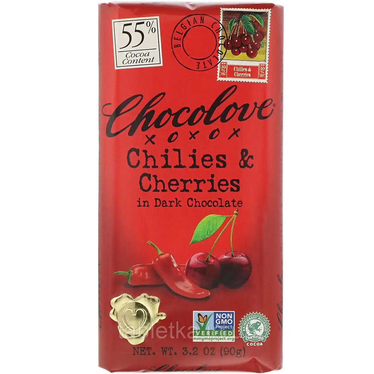 Chocolove, Чилі та вишня в темному шоколаді, 55% какао, 90 г (3,2 унції)