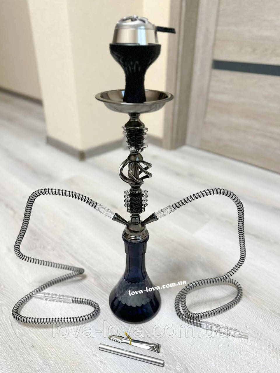 Кальян на 2 трубки на 2 персони заввишки 57 см Dimeno із силіконовою чашею та калаудом чорний, фото 1