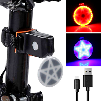 Ліхтар задній Стоп "Зірка", з USB-зарядкою, Чорний / Задня велофара на сідло / Велосипедна фара-мигалка