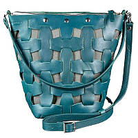 Кожаная плетеная женская сумка "Пазл M" (зеленая) кожа Krast