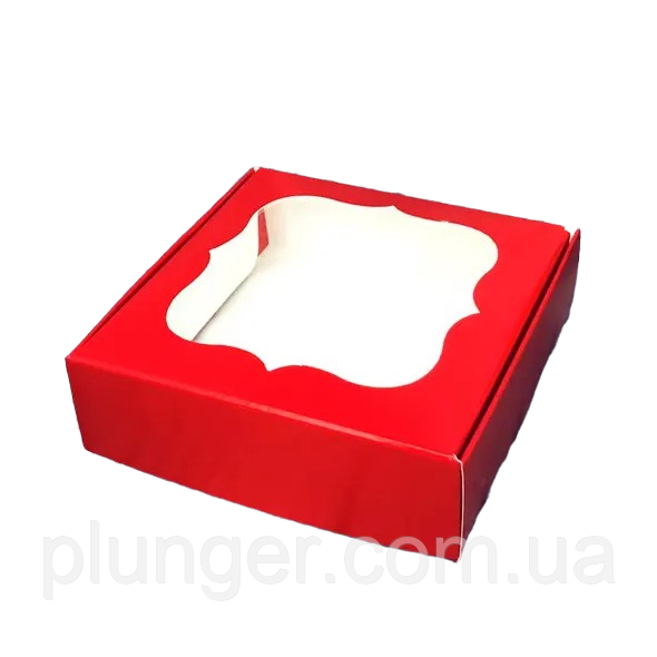Коробка для печива, пряників з вікном, 10 см х 10 см х 3 см Червоний, фото 1