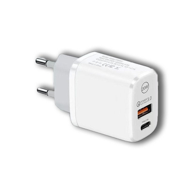 Швидке заряджання/блок живлення 20W універсальна 2 в 1 Type-C і USB-A потужністю PD-20W/QC3.0-18W KeKe-912 білий