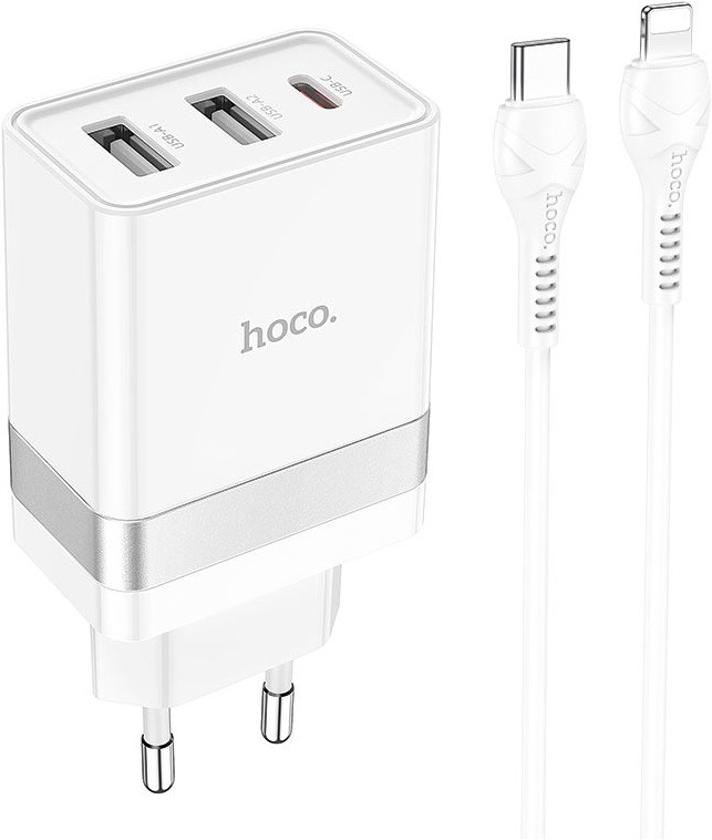 Мережевий зарядний пристрій HOCO N21 Pro Tourer PD30W+QC3.0 set with cable Lightning to Type-C white, фото 1