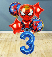 Набор воздушных шаров с фольгированной фигурой Человек Паук красный, фотозона Спайдермен с синей цифрой 3