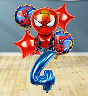 Набір повітряних куль з фольгованою червоною фігурою Людина Павук, фотозона Спайдермен з синею цифрою 4