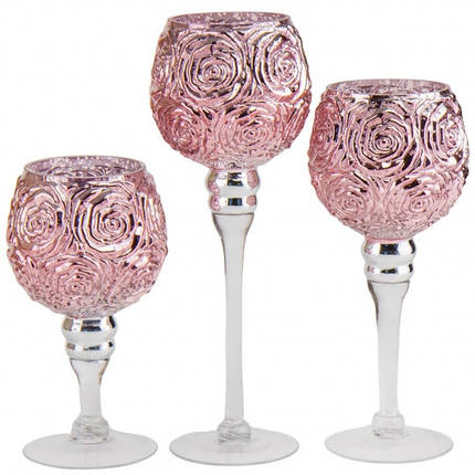 Набір із 3 свічників "Рози" благородний рожевий, 20 см, 25 см, 30 см., (2006-015), фото 1
