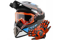Комплект шлема 905 Dark M + оранжевые перчатки 888 M + оранжевые очки City-Bike Мотошлем каска Польша