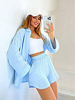 Жіночий мусліновий костюм з сорочки оверсайз і вільними шортами, дві кишені, ідеальна гумка на поясі.