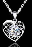 Кулон подвеска на цепочке Liresmina Jewelry Серебряное сердце с узором и покрытое фианитами 2.0 см серебристый