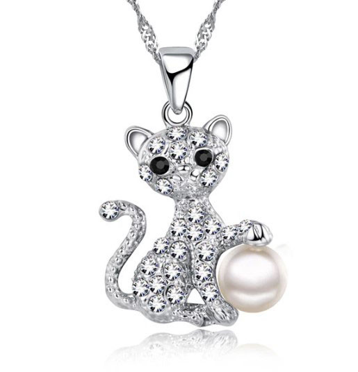 Кулон підвіска на ланцюжку Liresmina Jewelry Срібні котики з перлами і вкриті фіанітами 3.0 см сріблясті