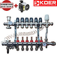 Коллекторный узел в сборе для системы "ТЕПЛЫЙ ПОЛ" с 3-х ходовым клапаном KOER KR.S1013-06 на 6 выходов с