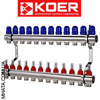 Коллектор для системы "ТЕПЛЫЙ ПОЛ" KOER на 12 выхода с термодатчиком и расходомером (Чехия)