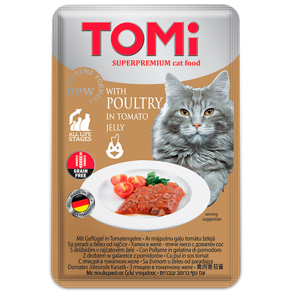 TOMi Poultry In Tomato Jelly ТОМІ ПТИЦЯ У ТОМАТНОМУ ЖЕЛЕ консерви для котів, вологий корм, пауч 100г