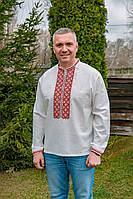 Традиційна Льняна Класичні українські чоловічі вишиванки біла з червоною вишивкою довгий рукав