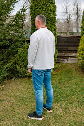 Чоловіча біла вишиванка з червоно-чорною вишивкою на планці традиційна модель з льону до 5XL, фото 3