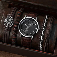 Подарунковий набір для чоловіків: наручний годинник з 4 стильними браслетами - діам. 4 см, довж. 24 см, шир рем 2 см, без коробки.